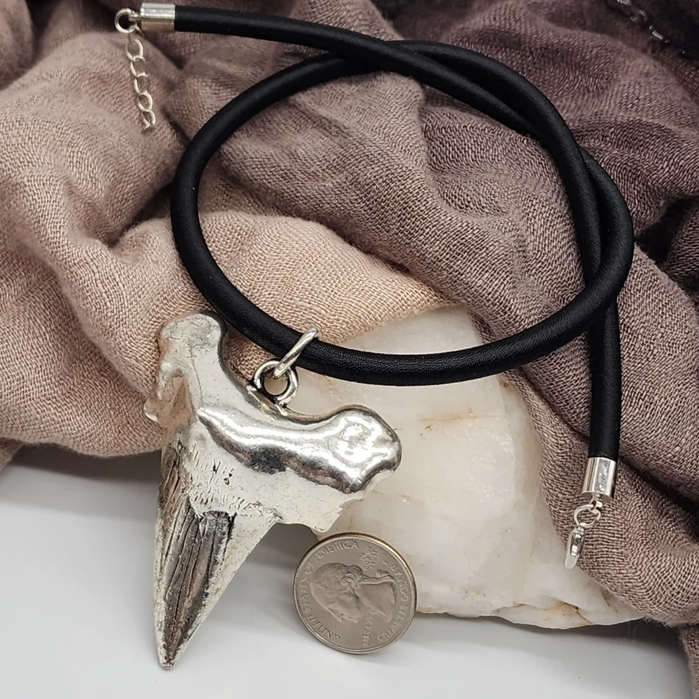 Large Heavy Silver Plated Shark Tooth Big Pendant Black Cord Necklace Gift